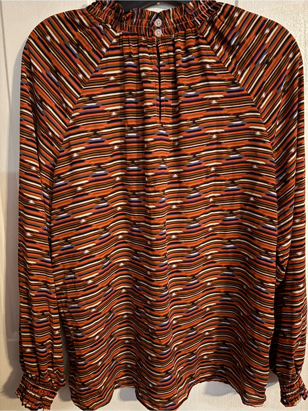 LOFT Rust Multi Ruffle-Neck Long Sleeve Blouse - Picture 11 of 11